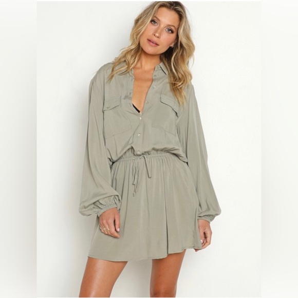 Anthropology L Space Amelia Dress tie waist chest pockets Sz S Color Olive Green - Picture 2 of 5